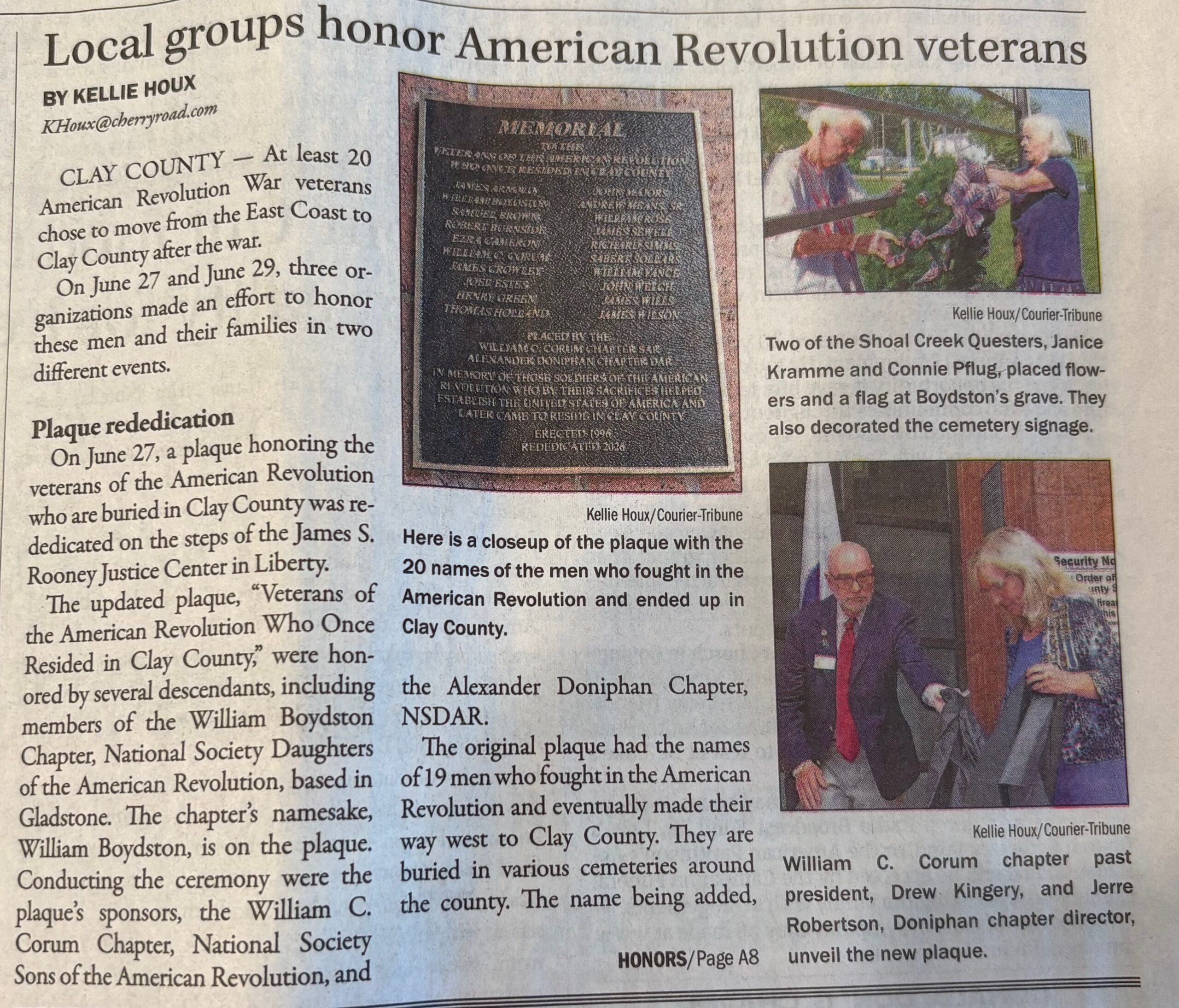 William C. Corum Chapter of the Sons of the American Revolution and the Alexander Doniphan Chapter, NSDAR, Rededicated Plaque Honoring 20 Revolutionary War Veterans Who Settled in Clay County